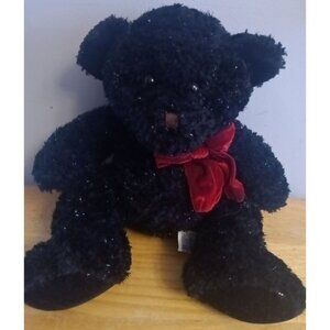 Vintage Russ Berrie Plush Bear 9" Inkspot Black w Red Velvet Like Bow Sparkly